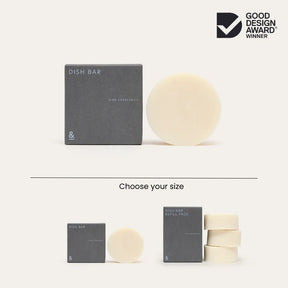 Comparison chart showing single solid dish bar and 3-pack refill set for zero-waste, plastic-free dishwashing.