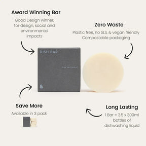 Product feature callouts highlighting zero-waste, plastic-free, SLS-free, and vegan-friendly benefits of Seed & Sprout solid dish soap.