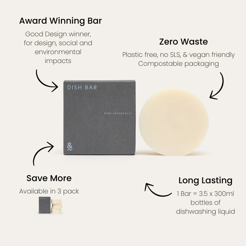 Product feature callouts highlighting zero-waste, plastic-free, SLS-free, and vegan-friendly benefits of Seed & Sprout solid dish soap.