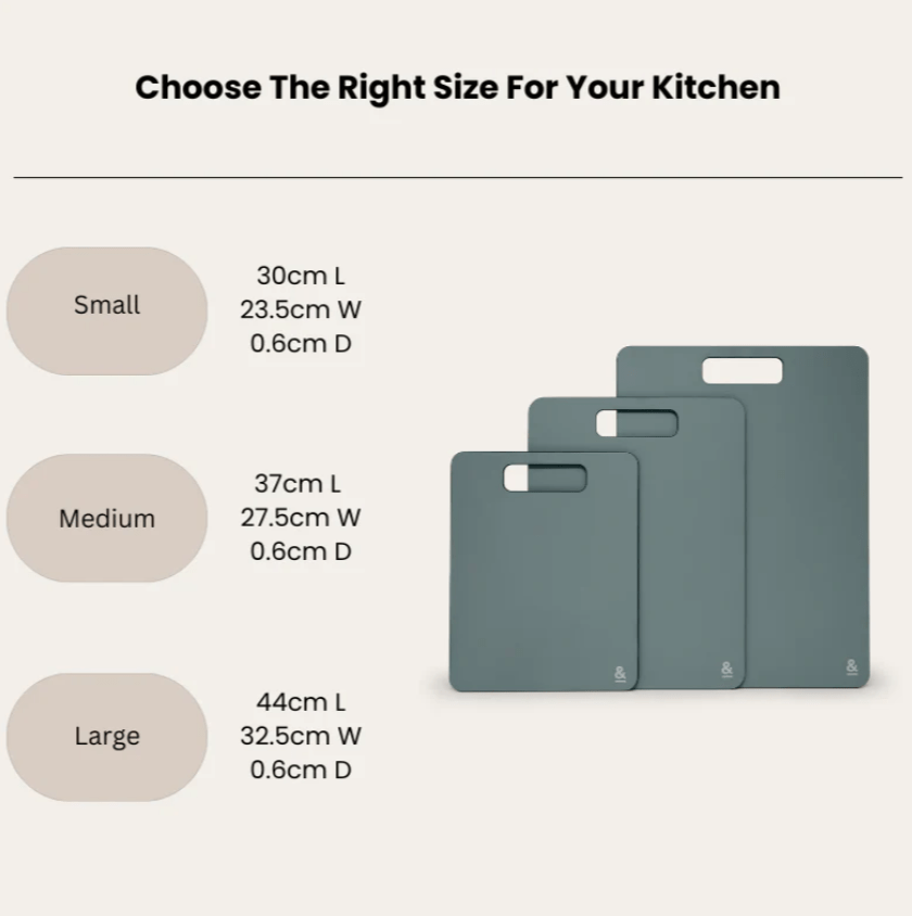 Seed & Sprout size guide graphic for wood fibre chopping boards displaying exact dimensions.