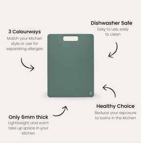 Seed & Sprout Eucalyptus wood fibre chopping board featuring a slim 6mm thickness, dishwasher-safe design, toxin-free healthy construction, and availability across three colorways for kitchen organization and allergy management.