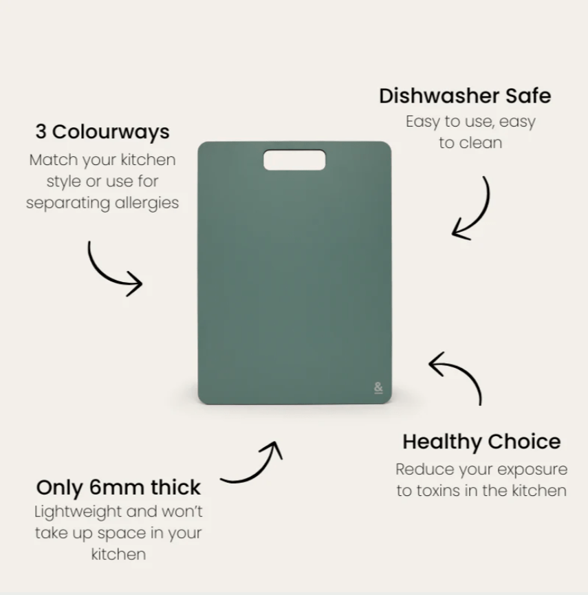 Seed & Sprout Eucalyptus wood fibre chopping board featuring a slim 6mm thickness, dishwasher-safe design, toxin-free healthy construction, and availability across three colorways for kitchen organization and allergy management.