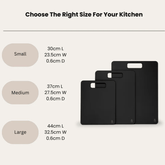 Seed & Sprout size guide graphic for Liquorice black wood fibre chopping boards displaying exact dimensions.