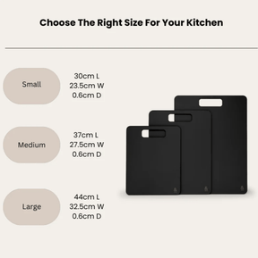 Seed & Sprout size guide graphic for Liquorice black wood fibre chopping boards displaying exact dimensions.