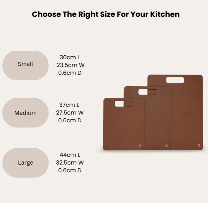 Seed & Sprout size guide graphic for Nutmeg wood fibre chopping boards displaying exact dimensions.