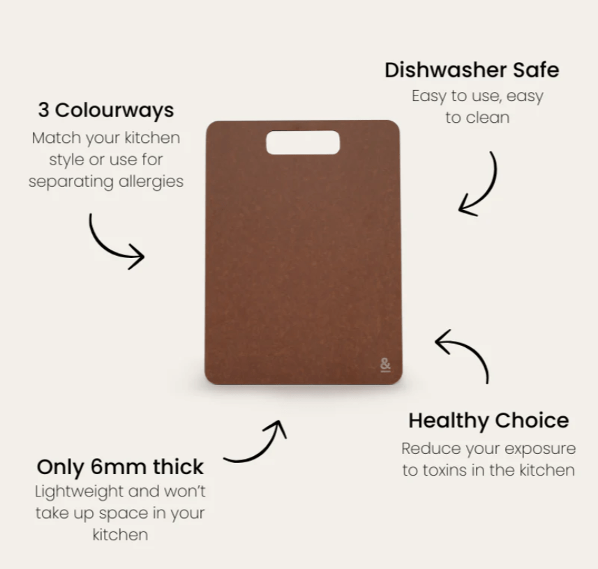 Seed & Sprout Nutmeg wood fibre chopping board highlighting features including a slim 6mm thickness, dishwasher-safe design, toxin-free construction, and availability across three colorways for kitchen organization.