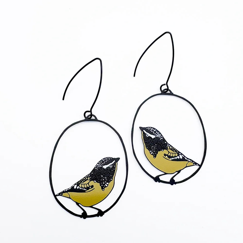 A pair of DENZ Spotted Pardalote earrings