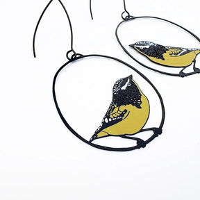 DENZ Spotted Pardalote earrings with detailed enamel design on black wire frame