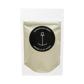 Summer Salt Body Green Clay Mask in cream resealable pouch with black anchor logo