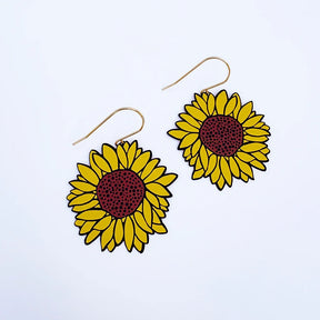 A pair of DENZ Sunflower Earrings in Brown & Yellow, and gold-tone hooks on a plain white background.