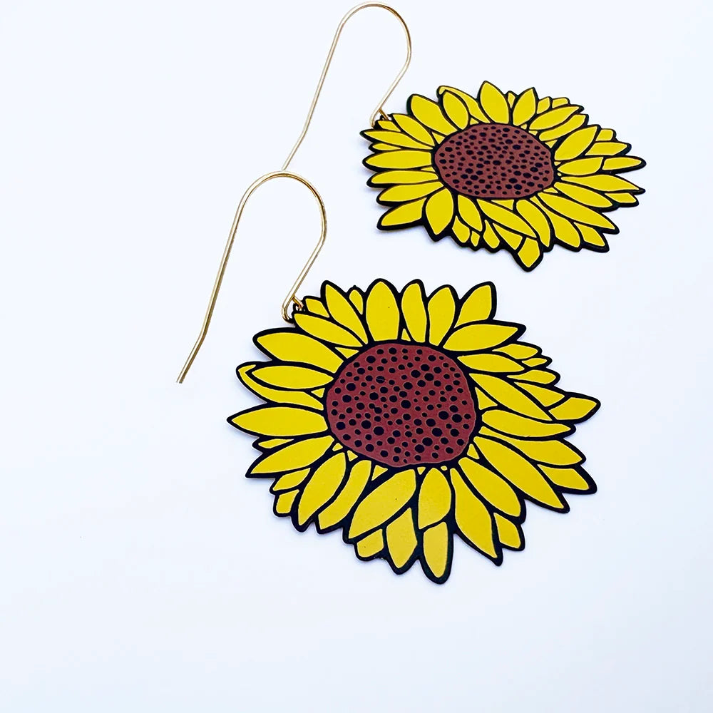 A pair of DENZ Sunflower Earrings in Brown & Yellow, and gold-tone hooks on a plain white background.