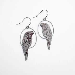 DENZ Tawny Frogmouth earrings on a white background
