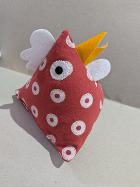 Thurlby Herb Farm Kitchen Pantry Poultry Coloured made from red dotted fabric with a white and yellow ring pattern, complete with a yellow beak, white crest details, and an embroidered eye.