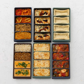 Seed & Sprout 4-portion silicone freezer trays in assorted earth-tone colors, arranged flat-lay style and filled with various pre-baked tarts, grains, soups, and casseroles.