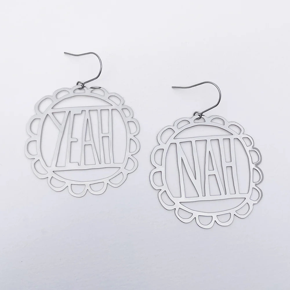 DENZ Yeah Nah earrings in silver with Yeah and Nah Australian slang design