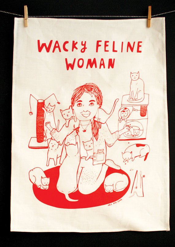 Able and Game Wacky feline woman --- Tea Towel