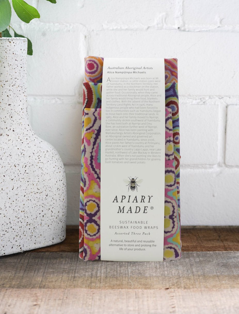 Apiary Made Australian Aboriginal Artist Beeswax Wraps - Assorted 3 pack