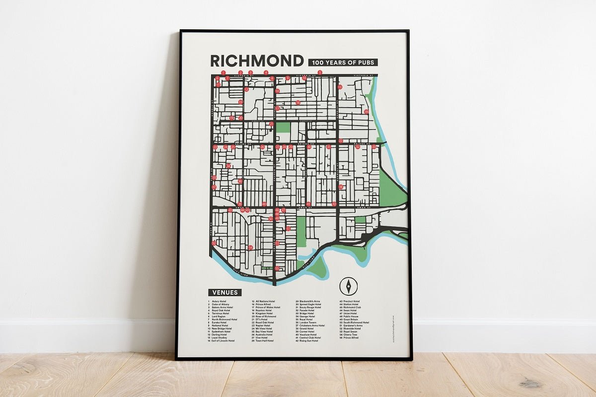 Aussie Pub MapsRichmond 100 Years of Pubs Map #same day gift delivery melbourne#