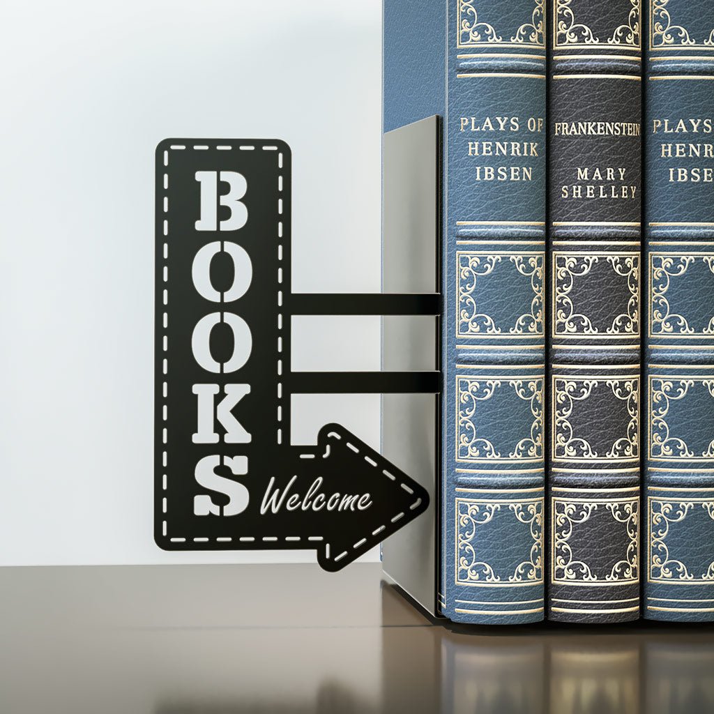 Balvi Bookshop Metal Bookend in Action Holding Hardcover Books on Shelf.