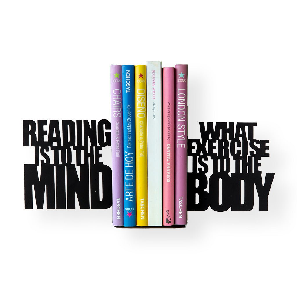 Balvi Mind Exercise Black Metal Bookends Holding Stack of Books Lifestyle Shot.