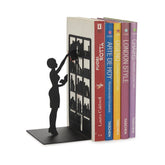 Balvi The Library Black Metal Decorative Bookend with Woman and Bookshelf Silhouette.