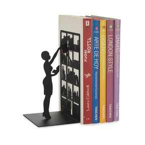 Balvi The Library Black Metal Decorative Bookend with Woman and Bookshelf Silhouette.