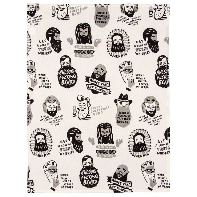 Blue Q Awesome Fucking Beard Dish Towel Woven White Cotton Kitchen Tea Towel Full View.