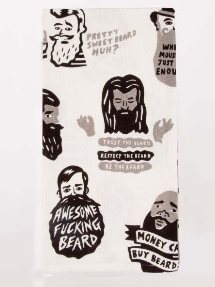 Folded Blue Q white tea towel featuring black and grey illustrations of bearded men with text reading "AWESOME FUCKING BEARD."