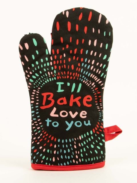 A black Blue Q oven mitt covered in a bursting pattern of colorful dashed lines with central text reading "I'll Bake Love to you".