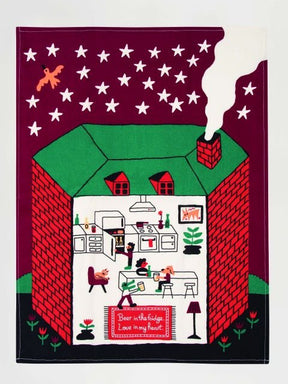 SEO-Friendly: Blue Q Beer In The Fridge Love In My Heart Tea Towel Full View House Cutaway Kitchen Towel.