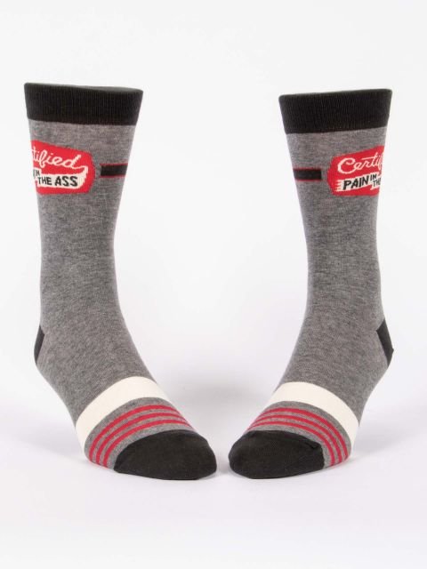 Blue Q Certified Pain In The Ass Mens Crew Socks Front View Heather Grey Novelty Socks.