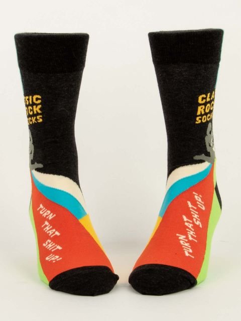 Blue Q Classic Rock Socks Mens Novelty Crew Socks Front Pair View.