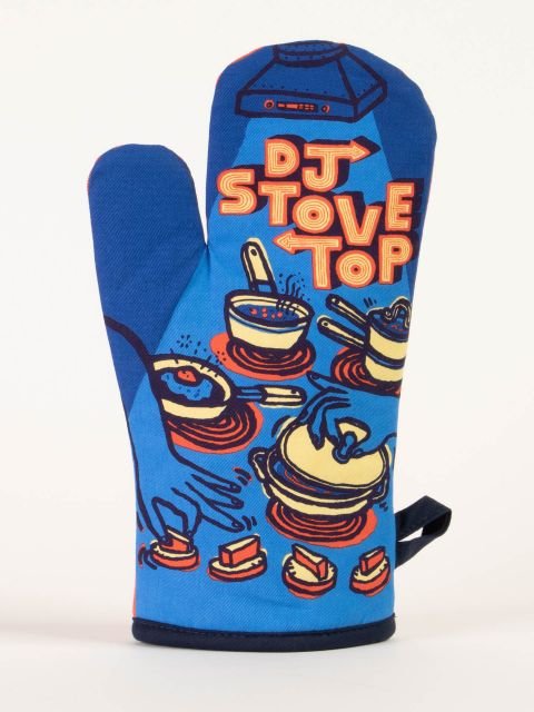 Blue Q vibrant blue oven mitt featuring retro graphic art of a stovetop styled like DJ turntables with text reading "DJ STOVE TOP".