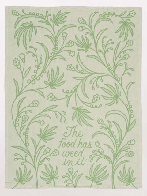 Blue Q The Food Has Weed In It Full View Woven Cotton Dish Tea Towel.
