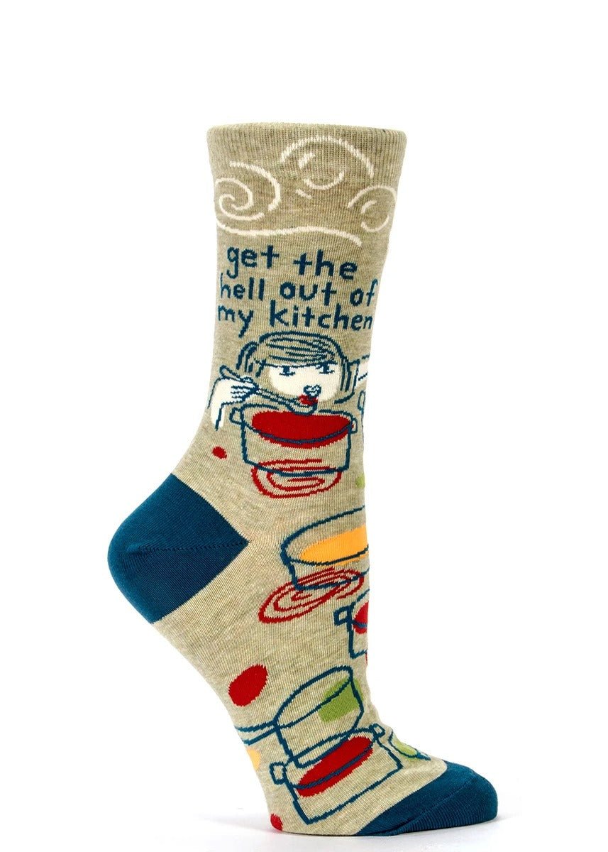 Blue Q Get The Hell Out Of My Kitchen Womens Crew Socks Beige Profile View.