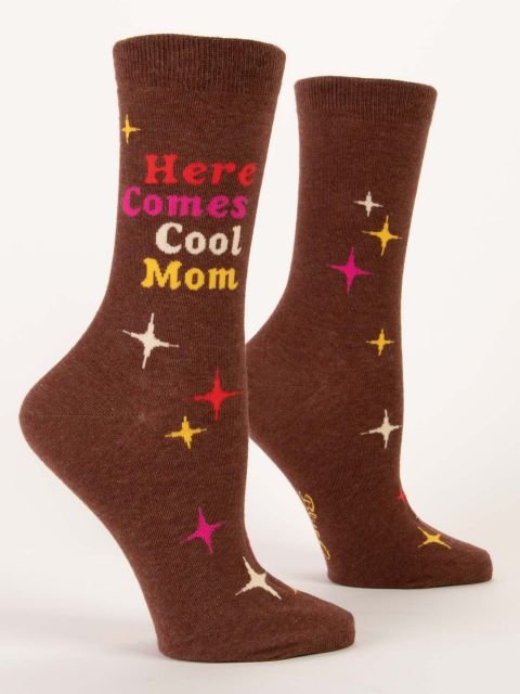 Blue Q Here Comes Cool Mom women's crew socks with a playful message celebrating mums