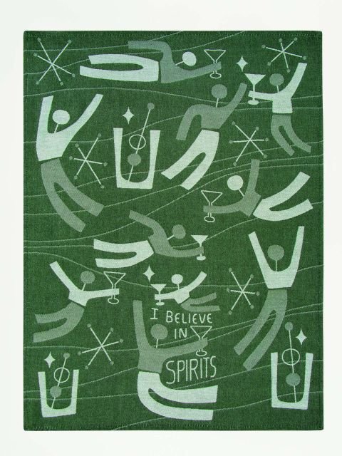 Blue Q I Believe In Spirits Tea Towel Full View Green Mid Century Cocktail Dish Towel.