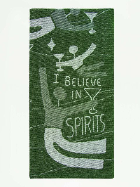 A green woven Blue Q tea towel depicting floating mid-century figure illustrations holding martini glasses with text reading "I BELIEVE IN SPIRITS."