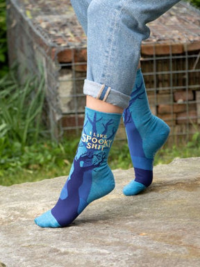 Blue Q I Like Spooky Shit Womens Crew Socks On Model Lifestyle Outdoor Photo.