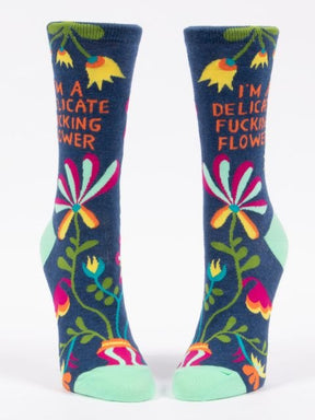 Blue Q Im A Delicate Fucking Flower Womens Crew Socks Front Pair View Floral Socks.