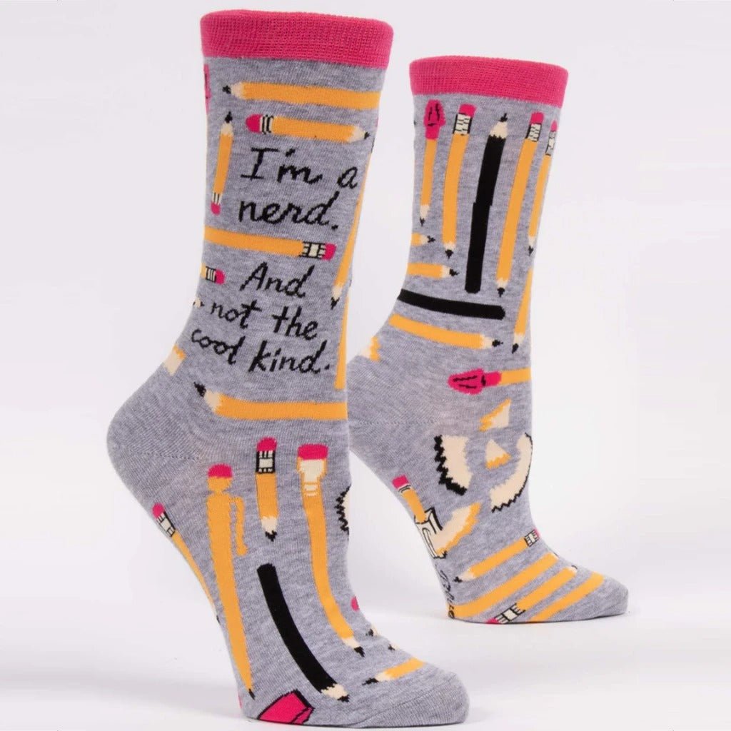 Blue Q Im A Nerd And Not The Cool Kind Womens Crew Socks Grey Pencil Pair Profile View