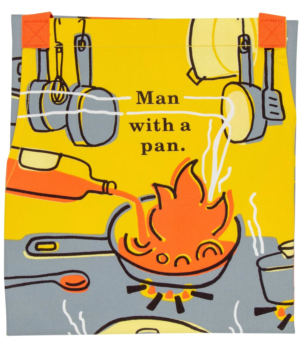 A close up view of Blue Q Man With A Pan Cooking Apron Graphic Detail.