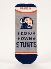 Blue Q I Do My Own Stunts Sneaker Socks Heather Gray Navy Orange Helmet Low Cut Socks.