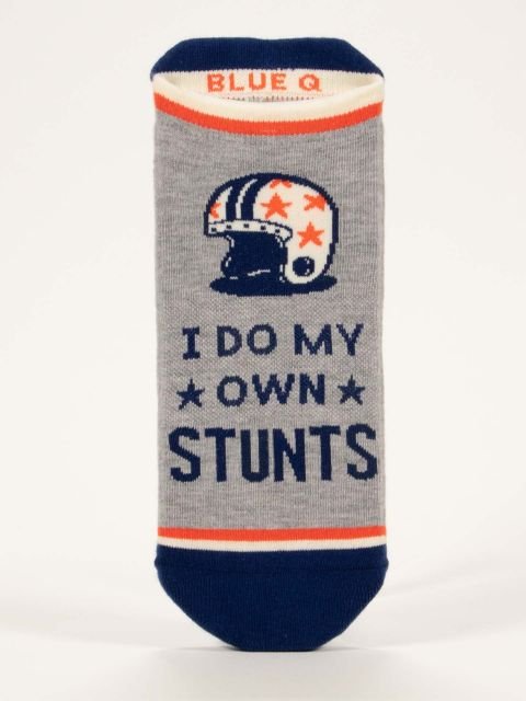 Blue Q I Do My Own Stunts Sneaker Socks Heather Gray Navy Orange Helmet Low Cut Socks.