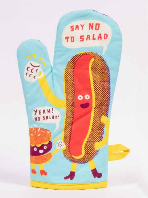A  Blue Q oven mitt featuring an animated hot dog and hamburger with speech bubbles saying "SAY NO TO SALAD" and "YEAH! NO SALAD!"