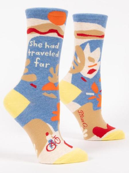 Blue Q She Had Travelled Far Womens Crew Socks Blue Landscape Pair Profile View