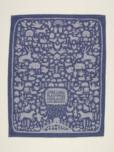 Blue Q Sometimes Blessings Look A Lot Like Bullshit Tea Towel Full View Blue Folk Art Dish Towel.