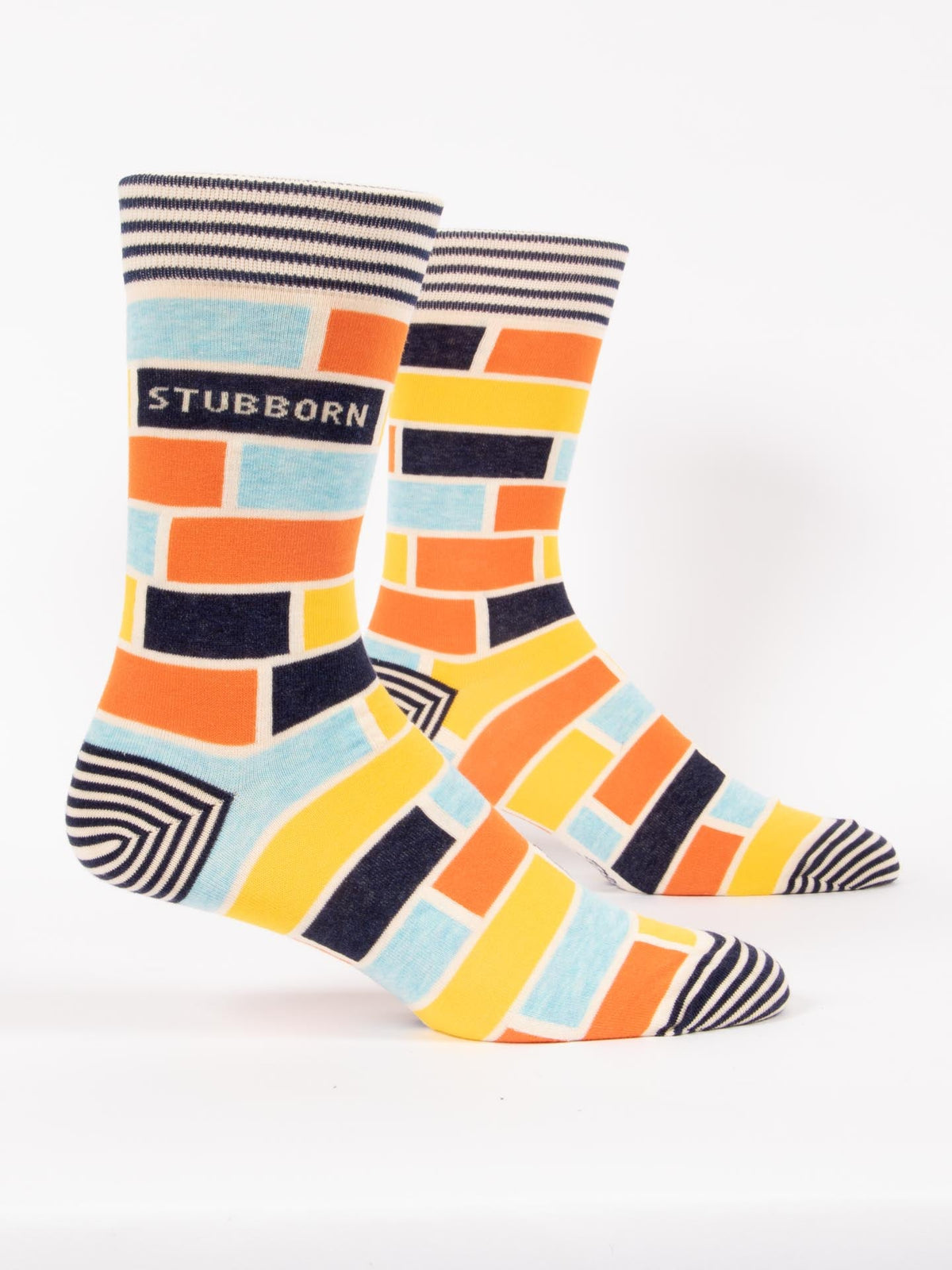 Blue Q Stubborn Mens Crew Socks Geometric Brick Pattern Pair Profile View