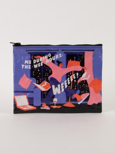 A purple Blue Q zipper pouch depicting a woman dancing around her living room at night with floating books, pizza, and text reading "ME DURING THE WEE HOURS: WEEEEE!"