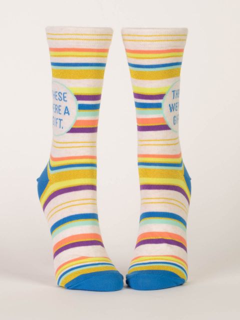 Blue Q These Were A Gift Womens Crew Socks Front View Striped Novelty Socks.